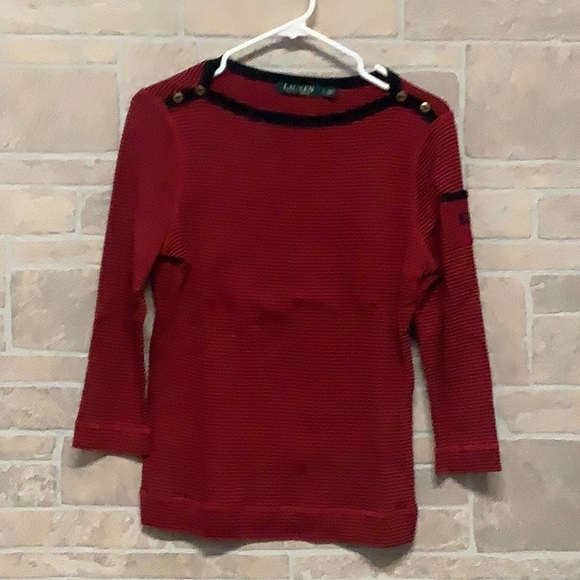 LAUREN Ralph Lauren -Sz L - 3/4 arm sleeves crew neck striped Top w/ sleeve Logo - Picture 2 of 7